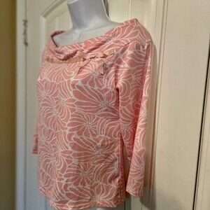 INC Pink Top w Round Neck Bow 3/4 Sleeves SZ M Poly Stretchy Spandex